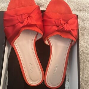 NEVER WORN! BEAUTIFUL BARNEY’S NEW YORK RED SATIN SLIDES W/ LEATHER SOLES